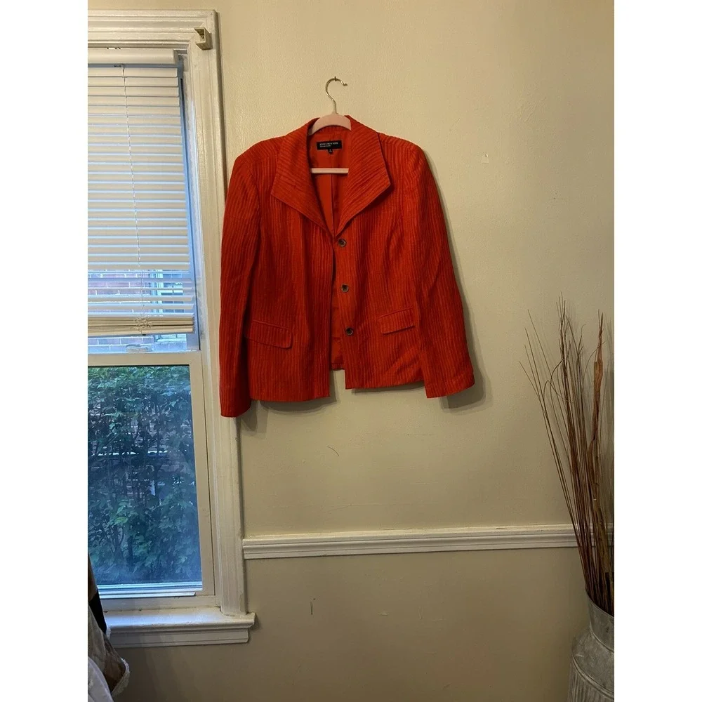 Jones New York Womens Size 12 Button Up Linen Blazer Bright Orange